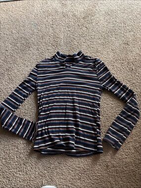 Striped Ribbed Long Sleeve Mock Neck Top - Navy, White, Rust